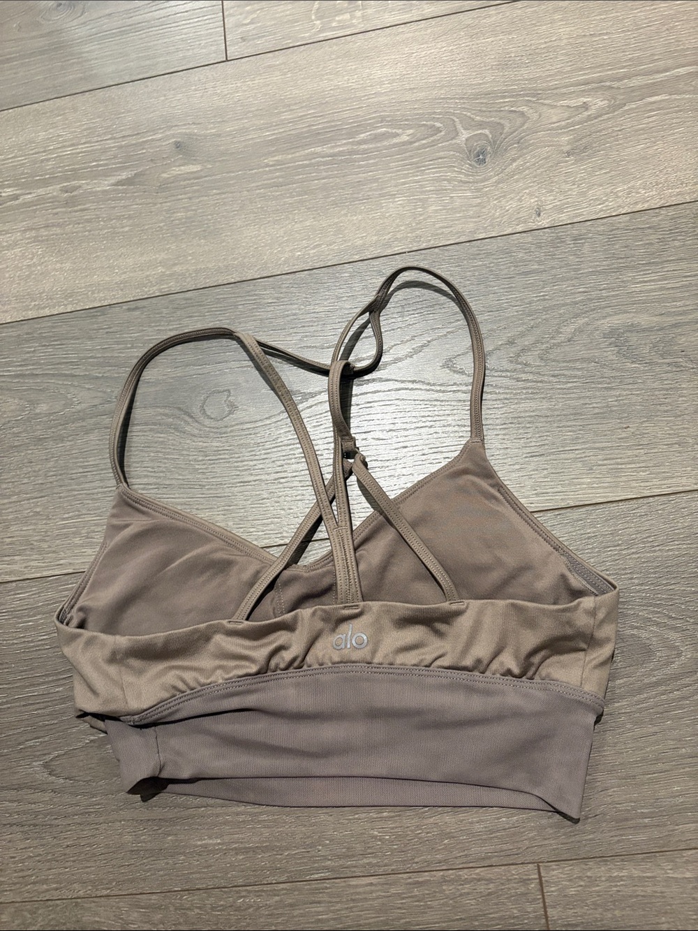 ALO Yoga Gravel Tan Brown Mesh Strappy Sports Bra Size Small - Picture 1 of 4